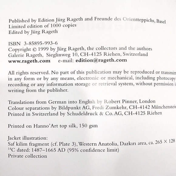 Anatolian Kilims & Radiocarbon Dating, Jürg Rageth (1999, Hardcover) Limited Ed - Picture 5 of 7